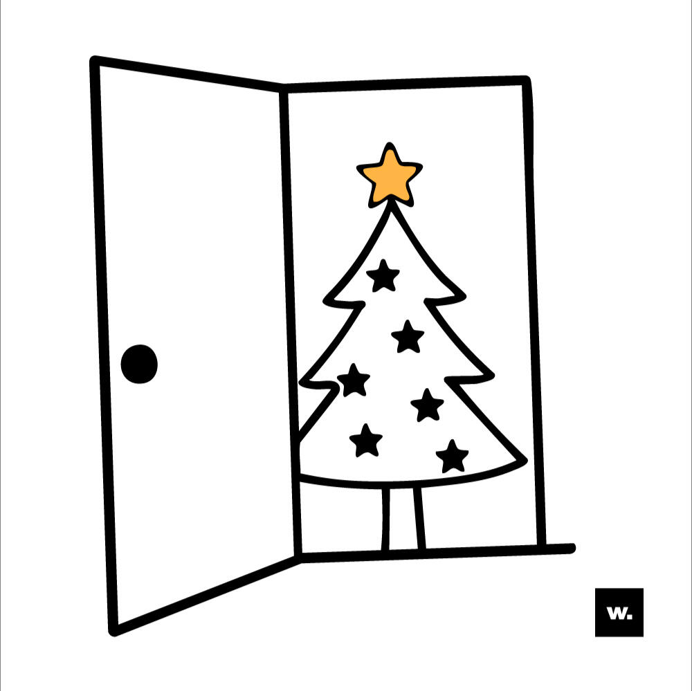 Minimalistische Illustration auf weißem Hintergrund: Eine geöffnete Tür, hinter dem offenen Türrahmen ist ein einfacher Weihnachtsbaum mit schwarzen Sternen und gelbem Stern an der Spitze zu sehen. Unten rechts steht das kleine w.-Logo.