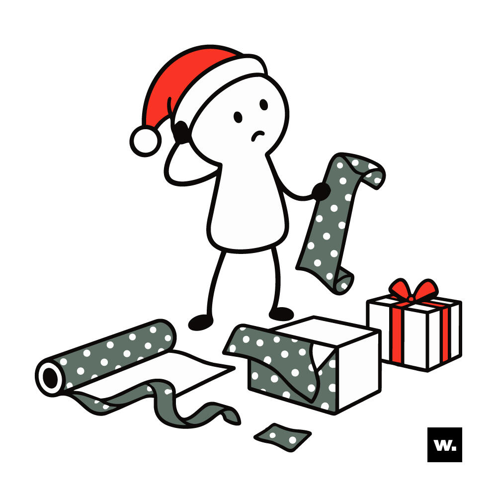 Minimalistische Illustration einer war nötig.-Figur mit Weihnachtsmütze, die zwischen halbverpackten Geschenken steht und fragend schaut.