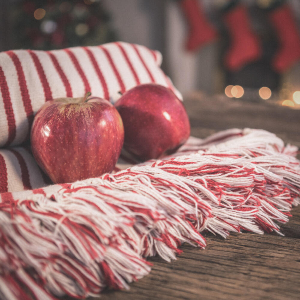 Weihnachtsfoto mit gemütlicher Stimmung: zwei rote, glänzende Äpfel liegen auf einem zusammengerollten weißen Fransenschal mit schmalen roten Streifen, drapiert wie Zuschauer.